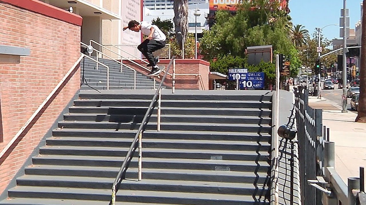 Behind the scenes of Patrick Praman's NBD Front Shuv backside 50-50 down Hollywood High's 16 from @realskateboards 'Three Seasons' Video. https://youtu.be/z...