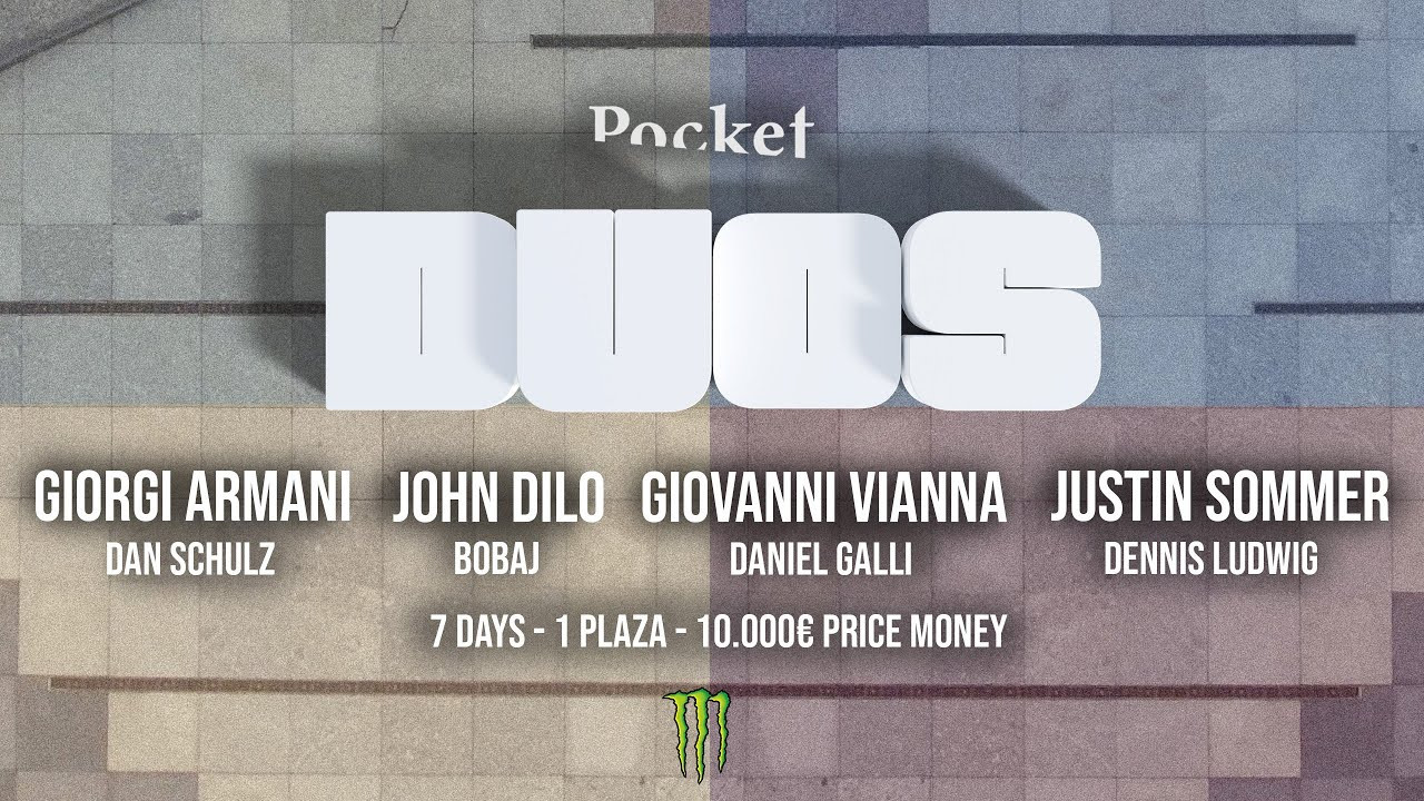 4 DUOS, 7 Days at Berlin's Kulturforum to film a part. <br />A unique challenge with 4 different approaches - coming this week! <br /><br />Featuring: <br />Giorgi Armani & Dan Schulz<br />John Dilo & Bobaj<br />Justin Sommer & Dennis Ludwig<br />Giovanni Vianna & Daniel Galli<br /><br />Presented by Monster Energy<br /><br />3D Artwork: Daniel Lang<br />Drone shots: Mark Nickels<br />Editing: Johannes Schön<br /><br />Get our books & apparel collection here: https://pocketskatemag.com/shop/<br /><br />Feel free to subscribe to our channel and follow us on Instagram:<br />http://www.instagram.com/pocketskatemag <br /><br />Our Website:<br />http://www.pocketskatemag.com