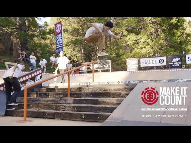 When each Make It Count Finalist is competing for an all-expenses paid trip to Barcelona, to film a street part and potentially land a spot on the Element Team, you better believe they're giving it everything they’ve got. But where would the North America Finals take place? At the Element YMCA Skate Camp in Sequoia National Park, the perfect breeding ground for gnarliness.