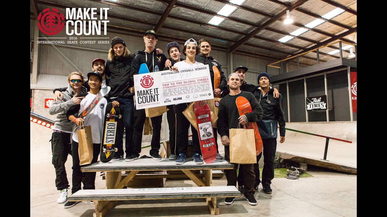 After three months, over two hundred skaters, six competitions, four states and two countries; the Element Make It Count Australian Finals kicked off in Geelong, Victoria at The Park on Saturday 20th of August. As the rain poured down outside, the tricks rained down inside from finalists from all of the other Australian events. The stakes were high; a skate trip to Barcelona, Spain, and the skaters hucked themselves at the opportunity. <br /><br />Everyone completely killed it, but in the end it was Noah Nayef who took home the grand prize, and will join the other global finalists in Barcelona.