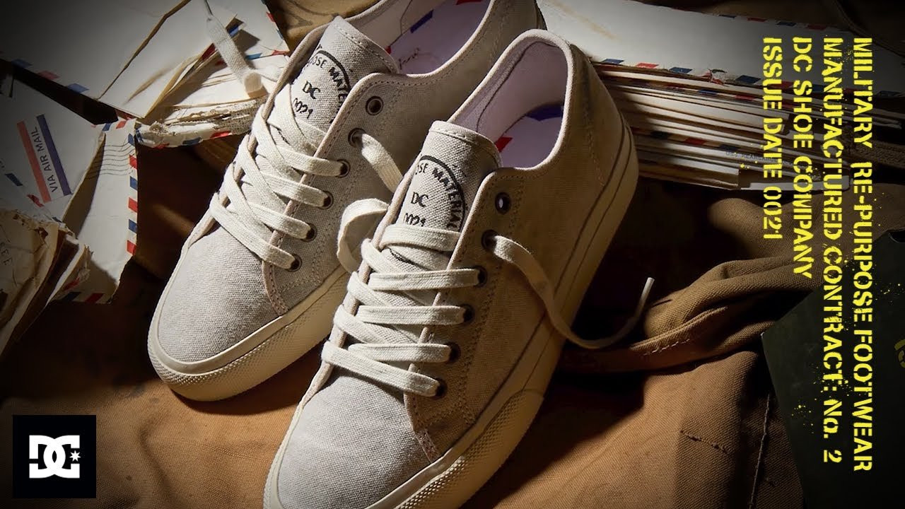 As part of our RE/SOLVE sustainability initiative, we've created limited edition versions of the Manual style using repurposed military textiles. The SURPLUS is highlighted by an extremely special run (only 100 total pairs made) of Manuals made from authentic military mail bags once used to transport the letters carrying the hearts and hopes of soldiers, sailors, and loved ones back home. <br /> <br />The WWII-era fabric has all the character and patina one would expect, making each pair of shoes truly one-of-a-kind. Complete with a letter-inspired insole, bespoke branding, and ammo-box packaging.<br /><br />Learn More: https://dcshoes.com/blog/CULTURE/manual_surplus_project.html