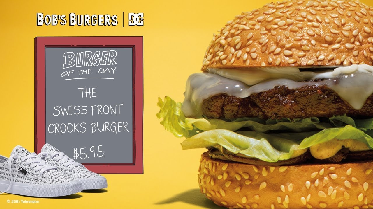 Chef Alvin is a huge fan of Bob’s Burgers, so we were happy to bring him on to help craft the Burgers of the Day!<br /><br />SWISS FRONT CROOKS BURGER <br />Top Bun, Mayo, Swiss Cheese, Burger, Lettuce, Brown Mustard, Grilled Mushrooms, Bottom Bun <br /> <br />Start by preheating your grill to 350°. Before slapping the patty on the grill, salt both sides to help bring out the natural meat flavor. Let it cook for 2-3 minutes until nicely caramelized, then flip. Add the swiss to the patty and cook for a few minutes while the cheese melts. Now, saute the mushrooms in a stainless steel pan set with a little oil. For best results, place the mushrooms down one-by-one and flip after 2 minutes. Place the hot mushrooms on the bottom bun, followed by the brown mustard, then lettuce. Place the burger on top. Add some mayo to the top bun, pinch it all together and enjoy!<br /><br />Shop the Collection: http://dcshoes.com/bobs-burgers