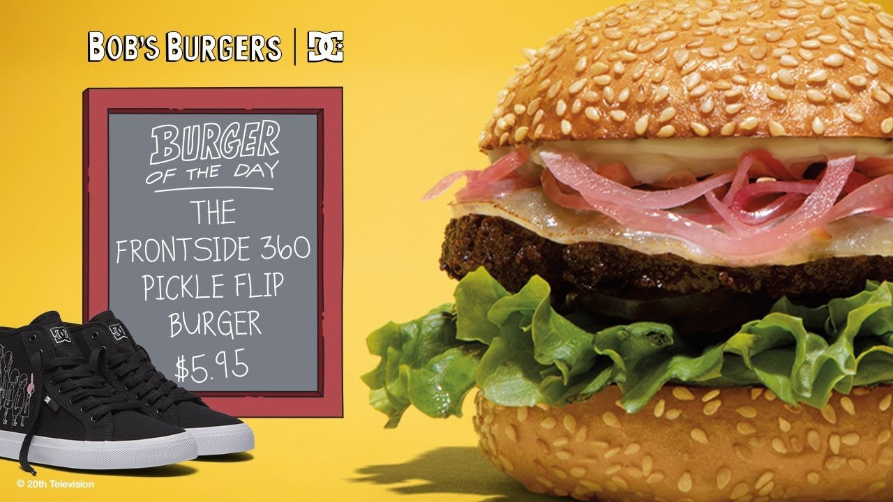 Chef Alvin is a huge fan of Bob’s Burgers, so we were happy to bring him on to help craft the Burgers of the Day!<br /><br />FRONTSIDE 360 PICKLE FLIP BURGER <br />Top Bun, Mayo, Pickled Red Onion, Provolone Cheese, Burger, Pickles, Lettuce, Bottom Bun <br /> <br />Salt both sides of the patty and place on a griddle heated to 350°. Cook for 2-3 minutes, then flip. As soon as you flip the burger, add the provolone to the patty. Once the cheese is melted in a couple minutes, the burger will be ready! Now, build the bun. Add mayo, lettuce, then pickles to the bottom bun. Place the cooked patty directly on top. Now, add the pickled red onions and spread mayo onto the top bun. Put it all together and enjoy some frontside 360 pickle flip pleasure.<br /><br />Shop the Collection: http://dcshoes.com/bobs-burgers