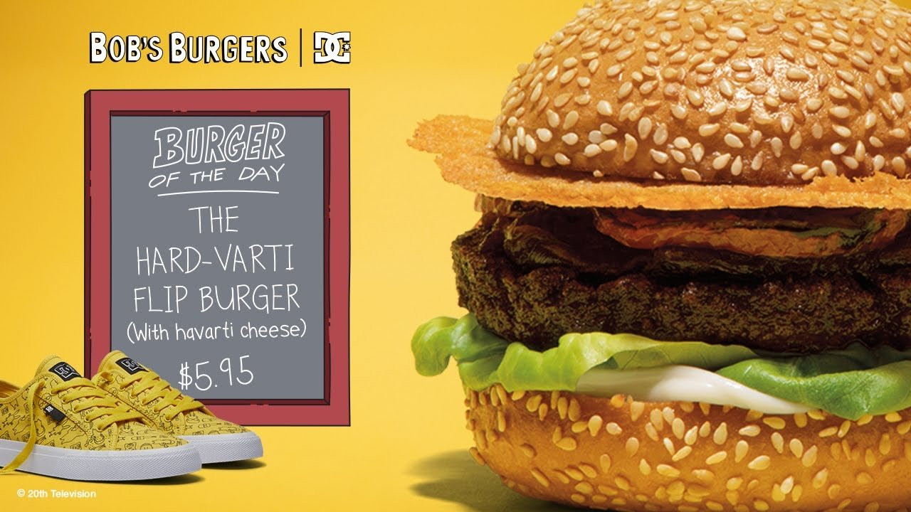Chef Alvin is a huge fan of Bob’s Burgers, so we were happy to bring him on to help craft the Burgers of the Day!<br /><br />THE HARD-VARTI FLIP BURGER (WITH HAVARTI CHEESE) <br /><br />Top Bun, Havarti Cheese Crisp, Roasted Tomato, Caramelized Onions, Burger, Butter Lettuce, Mayo, Bottom Bun <br /> <br />Sprinkle havarti cheese directly onto a non-stick pan set at 375°. Cook it 2-3 minutes on each side and don’t worry if it’s a little messy when you flip it. The trick is it to let the havarti cool down for 30 minutes before adding it to the burger. Now, cook the burger. Salt both sides and place it on the griddle heated to 350°. Cook each side for 2-3 minutes, until nicely caramelized. When building the bun, add lettuce and butter mayo to the bottom bun and place the burger on top. Add the caramelized onions and roasted tomatoes on top of the burger. When the havarti is nice and crispy, place it on top, add the top bun, and enjoy the Hard-Varti Flip goodness.<br /><br />Shop the Collection: http://dcshoes.com/bobs-burgers
