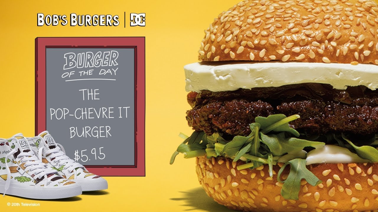 Chef Alvin is a huge fan of Bob’s Burgers, so we were happy to bring him on to help craft the Burgers of the Day! <br /><br />POP-CHEVRE IT BURGER <br />Top Bun, Goat Cheese Slice(s), Onion Jam, Burger, Arugula, Mayo, Bottom Bun<br /> <br />Cooking Instructions:<br />Preheat a stainless steel pan to 350° and bless it with a little bit of oil. And, always (always!) season the patty with salt before cooking. Cook for 2-3 minutes until nicely caramelized. Flip the burger and season the cooked side with fresh cracked pepper. Now you can prep the bun while the burger finishes cooking. Add mayo and arugula to the bottom bun to magnify the flavor of the beef, onions and everything else. When the burger is ready, place directly on top of the arugula. Spread caramelized onion jam onto the patty. Place the goat cheese slices on top and finish it off with the top bun. Pop it on a plate and enjoy!<br /><br />Shop the Collection: http://dcshoes.com/bobs-burgers