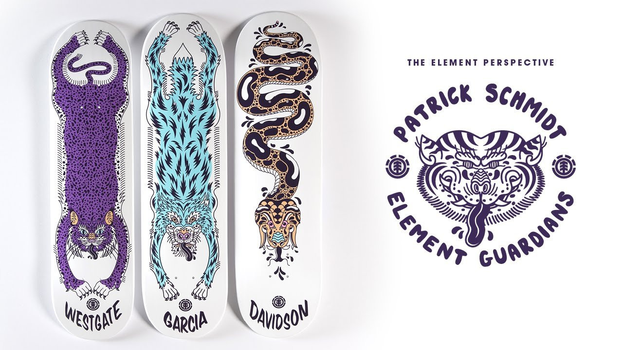 Element presents the Guardians collection, an Element Perspective Project with artist Patrick Schmidt.<br /><br />Patrick Schmidt is a young illustrator from South Wales based in London. Finding inspiration from wise old owls to worn out signs and with a love for painting on big walls when not making giant roquefort burgers, Patrick has created “The Guardians” collection. Inspired by traditional woven Tibetan Tiger rugs, thought to provide the user protection when meditating, Patrick interpreted the Element riders’ individual spiritual animals. Nick Garcia’s coyote, Brandon Westgate’s bobcat and Julian Davidson’s snake become a colorful and uniquely illustrated animal rug, all of which are laid on a series of 3 skateboard decks and tee shirts. <br /><br />The “Guardians” collection by Patrick Schmidt is now available at elementbrand.com as part of the Element Perspective project.