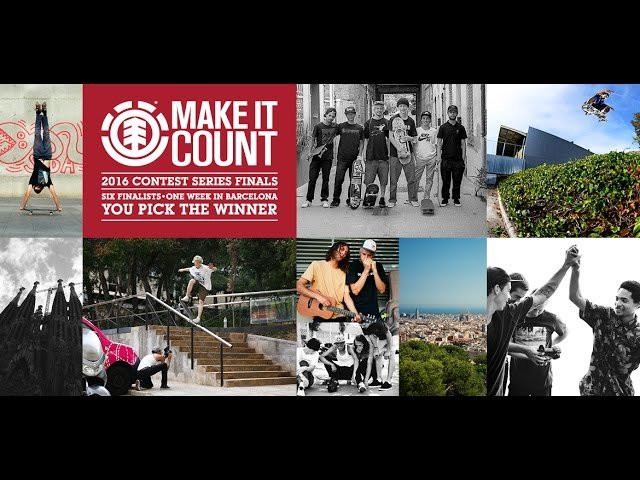 This year the Element Make It Count Global Finals took place in the streets of Barcelona, Spain. We flew regional winners from all over the world out to Spain for a week in the streets with the Element team. Each one of the six finalists filmed a video part and YOU, the public, choose who will win the grand prize: a year's sponsorship from Element Skateboards. <br /><br />Video: Tom Mull <br /><br />Music: "Glitter" by Tongues. Courtesy of Penniback / Danger Collective Records.