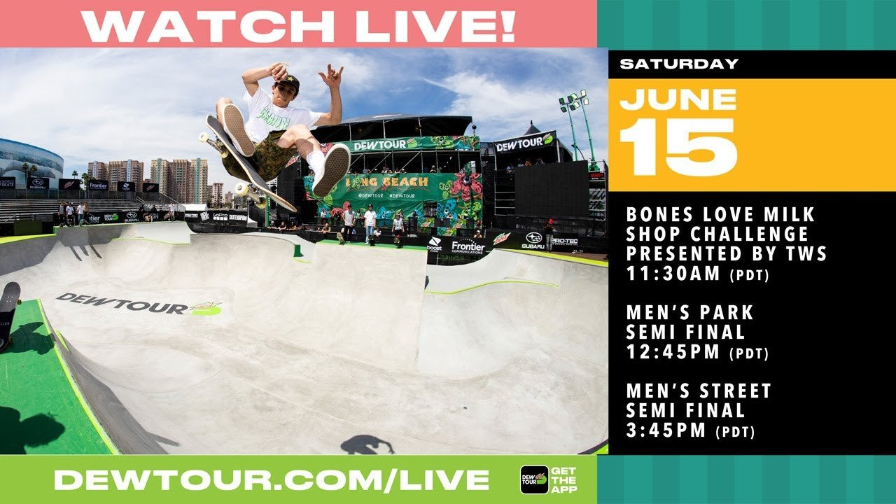 Watch Day 3 of 2019 Dew Tour Long Beach with Transworld Skateboarding's "Battle of the Shops" presented by Bones Love Milk, Men's Park Semi Final, and Men's Street Semi Final. Schedule below is listed in Pacific Time and is subject to change. To see live scoring, and the all new multi-camera Dew View, go to https://dewtour.com/live #DewTour<br /><br />SATURDAY 6/15 Schedule (Subject to change)<br />11:30am - 12:30pm Transworld Skateboarding's “Battle of the Shops” presented by Bones Love Milk<br />12:45pm - 3:15pm Men’s Park Semi Final <br />3:45pm - 8:15pm Men’s Street Semi Final