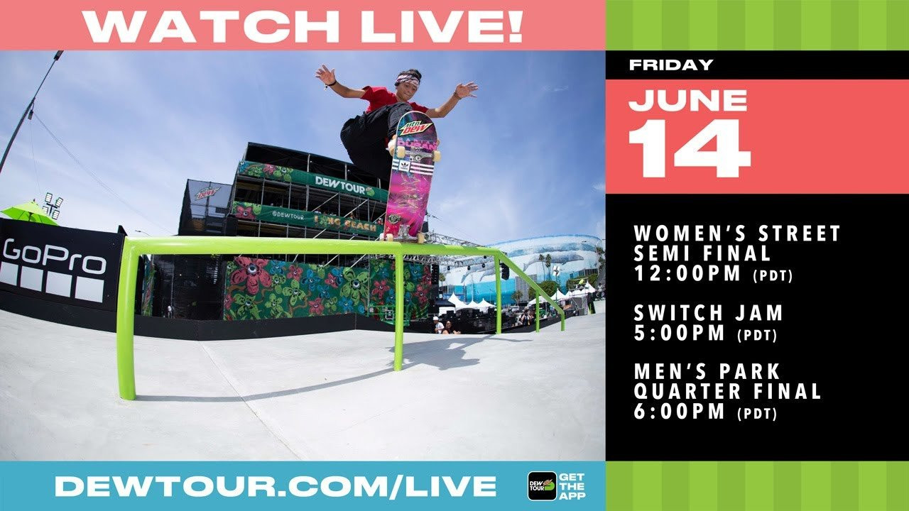 Watch pro skateboarders compete in the 2019 Dew Tour Women’s Street Semi Final, Boost Mobile Switch Jam, and Men’s Park Quarter Final LIVE from Long Beach, CA. All times listed below are in Pacific Time. To see live scoring and the all new multi-camera Dew View, go to https://dewtour.com/live #DewTour<br /><br />FRIDAY 6/14 Schedule (Subject to change):<br />12:00pm - 4:30pm Women’s Street Semi Final <br />5:00pm - 5:30pm Boost Mobile Switch Jam <br />6:00pm - 9:00pm Men’s Park Quarter Final