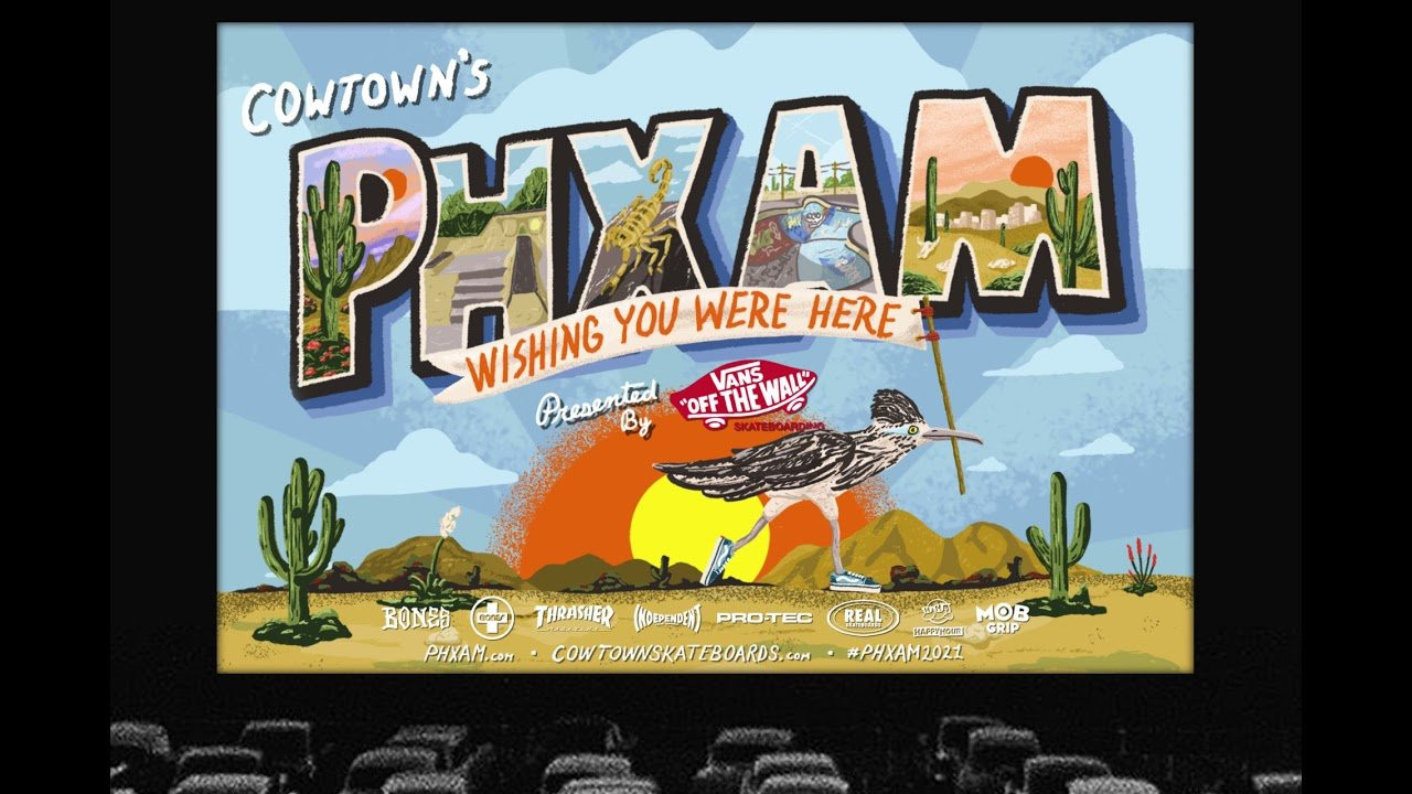 We’re psyched to bring you Cowtown's PHXAM "Wishing You Were Here" presented by Vans. A Digital Skateboard Event w/10,000 Prize Purse!<br /> <br />Riders from last year’s cancelled PHXAM have been invited to hit their local skateparks and submit their best 30-60 seconds of footage!<br /> <br />The Final Video announcing top 10 winners will Premiere at West Wind - Glendale Drive-In on April 17, 2021 along with Tim Vasquez’s newest video ‘WORTH-LESS’. Tickets are $40 a carload, online at tickettailor.com. All proceeds will be donated to the cowtownskate.org non-profit mission.<br /> <br />A limited amount Gift Bags including a PHXAM tee and goodies from our sponsors will be given out while supplies last. A live stream of the premiere will be hosted via @cowtownskate Instagram and shown on Thrashermagazine.com the following week.<br /> <br />Can’t wait to see you from a safe distance, April 17th!!<br /><br />Artwork by Mark Johnston.<br />Animation/edit by Tim Vasquez.