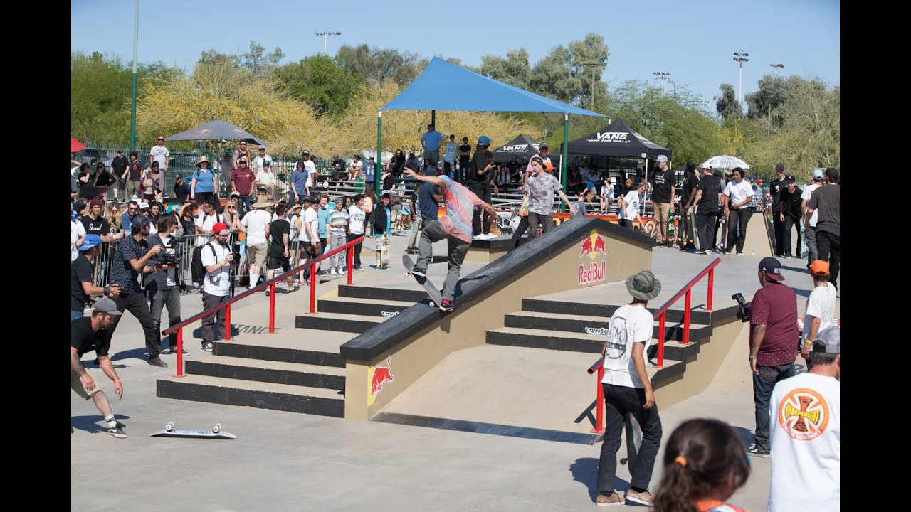Every year the Red Bull Best Trick at PHXAM gets bigger and bigger and this year for the 15th anniversary of PHXAM we went all out, building a 13 foot long double set with rails on each side and a massive ledge running down the center. It was nearly impossible to pick a winner but after watching Josh Baldwin throw a perfect Switch 360 Flip followed by a FIRST TRY Switch Inward Heel, the judges decisions had been made.