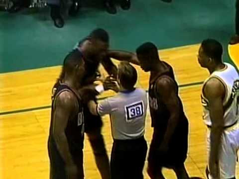 Dikembe Mutombo takes exception to Vincent Askew's tough foul and when Detlef Schrempf joins the altercation Dikembe has some kind words for him as well. I don't know about you, but he sort of reminds me of Adebisi from Oz in this one. His voice sounds so similar. Anyway I bet that he wouldn't have any problems of fucking Detlef up. 1994 Playoffs.