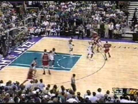 Stockton makes 3 plays that end up tying the series 2-2. Buries the 30 footer (while getting fouled with no call) to kick it off, then strips Jordan leading to a breakaway where Stock gets fouled, then the most memorable pass in playoff history IMO with Stockton grabbing Jordan's miss and throwing a pass the length of the floor right on the money to a streaking Malone. The audio is slightly off so I apologize for that, but it's very close.