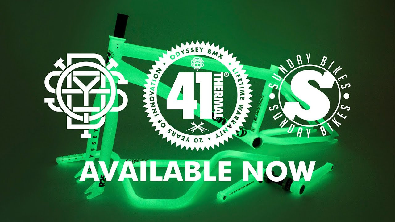 SHOP NOW: https://shop.odysseybmx.com/collections/41-thermal<br /><br />To celebrate 20 years of 41-Thermal, Odyssey and Sunday have teamed up to offer this special limited edition Glow In The Dark kit (parts sold separately). VERY limited quantities are available now through shops worldwide and direct through our online store.<br /><br />Our 41-Thermal process has revolutionized the manufacturing of chromoly BMX forks, bars, cranks and frames. We pioneered it, developed it and continue to perfect it. Our lab and ride testing is methodical – constantly striving to make the process better through continuous experimentation and true engineering.<br /><br />All 41-Thermal products are lab tested, team proven, and backed by an unmatched and legendary lifetime warranty.<br /><br />DIRECT AVAILABILITY:<br />- 30 Odyssey Thunderbolt Cranks<br />- 30 Odyssey R32 & R25 Forks<br />- 30 Odyssey Super Highway Bars<br />- 30 Sunday Soundwave Frames<br /> <br /> <br /> <br /> ---<br /> http://www.odysseybmx.com<br /> ---<br /> http://facebook.com/odysseybmx<br /> http://twitter.com/odysseybmx<br /> http://instagram.com/odysseybmx<br /> http://odysseybmx.tumblr.com<br /> http://youtube.com/odsyvision
