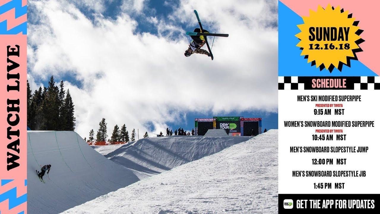 Day 4 of Dew Tour watch Alex Ferreira, Davis Wise, Noah Bowman, Aaron Blunck, Simon D’Artois, and more in the ski men’s modified superpipe presented by Toyota. Followed up by Chloe Kim, Arielle Gold, Maddie Mastro, Jiayu Liu, Queralt Castellet and more in the women’s modified superpipe presented by Toyota and Red Gerard, Chris Corning, Max Parrot, Marcus Kleveland and more in the men’s slopestyle final.<br /><br />Schedule:<br /><br />9:15 AM - 10:15 AM - MEN'S SKI PIPE FINAL<br />10:45 AM - 11:30 AM - WOMEN'S SB PIPE FINAL<br />12:00 PM - 1:15 PM - MEN'S SB JUMP FINAL<br />1:45 PM - 3:00 PM - MEN'S SB JIB FINAL