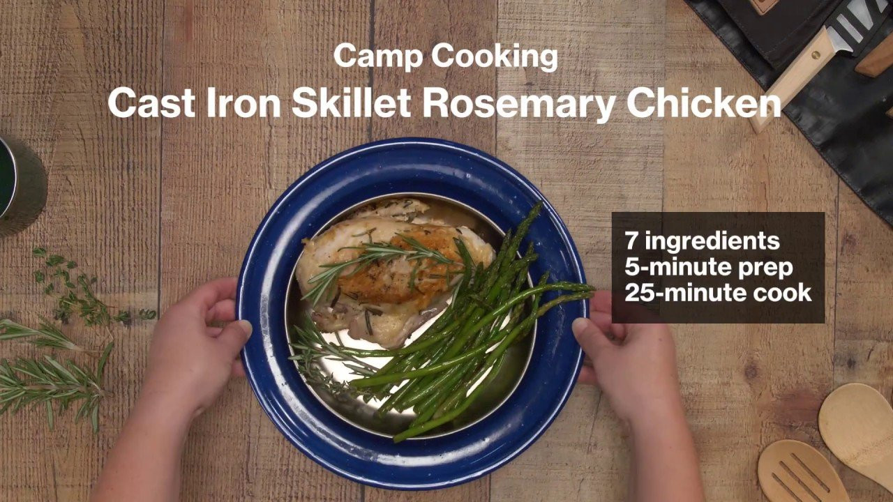 This meal checks all the boxes: healthy, easy, full of flavor - and you can make it just about anywhere.<br /><br />---<br /><br />7 Ingredients<br />5-minute Prep<br />25-minute Cook<br /><br />Gear used in this video:<br />Lodge Cast Iron Skillet – 12 in. - https://advsn.co/qv2wj5<br />GSI Outdoors Pinnacle Camper Cookset - https://advsn.co/ghybk2<br />Barebones Path Finder Cooler - https://advsn.co/lvk4wj<br />Light My Fire Meal Kit 2.0 - https://advsn.co/kbhvsq<br /><br />Ingredients<br /><br />– 3 tbsp olive oil<br /><br />– 1 sprig rosemary<br /><br />– 1 sprig thyme<br /><br />– Skin-on, bone-in chicken breast<br /><br />– Small bundle asparagus<br /><br />– Salt<br /><br />– Pepper<br /><br />Directions<br /><br />– Turn grill on medium heat.<br /><br />– Add olive oil to cast iron along with rosemary.<br /><br />– Sauté 2-3 minutes<br /><br />– Add seasoned chicken breast to skillet, and use spoon to baste with oil and herbs.<br /><br />– Cook until brown, about 12 minutes, then turn over.<br /><br />– Use spoon to baste oil and herbs on other side.<br /><br />– While chicken cooks, flash cook the asparagus in same cast iron.<br /><br />– Salt and pepper to taste.<br /><br />– Plate and enjoy!