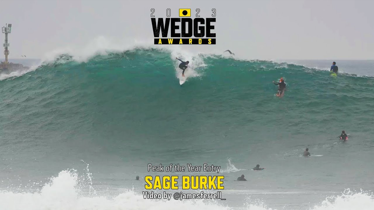 Newport Beach local Sage Burke slays the wave of the day during a strong run of south swell on May 19, 2023. The shot by James Farrell is a leading Peak of the Year entry in this year's Wedge Awards which salutes the biggest and best rides at the iconic break during the summers south swell season. For Wedge hoodies and Tees visit the shop at www.WedgeAwards.com