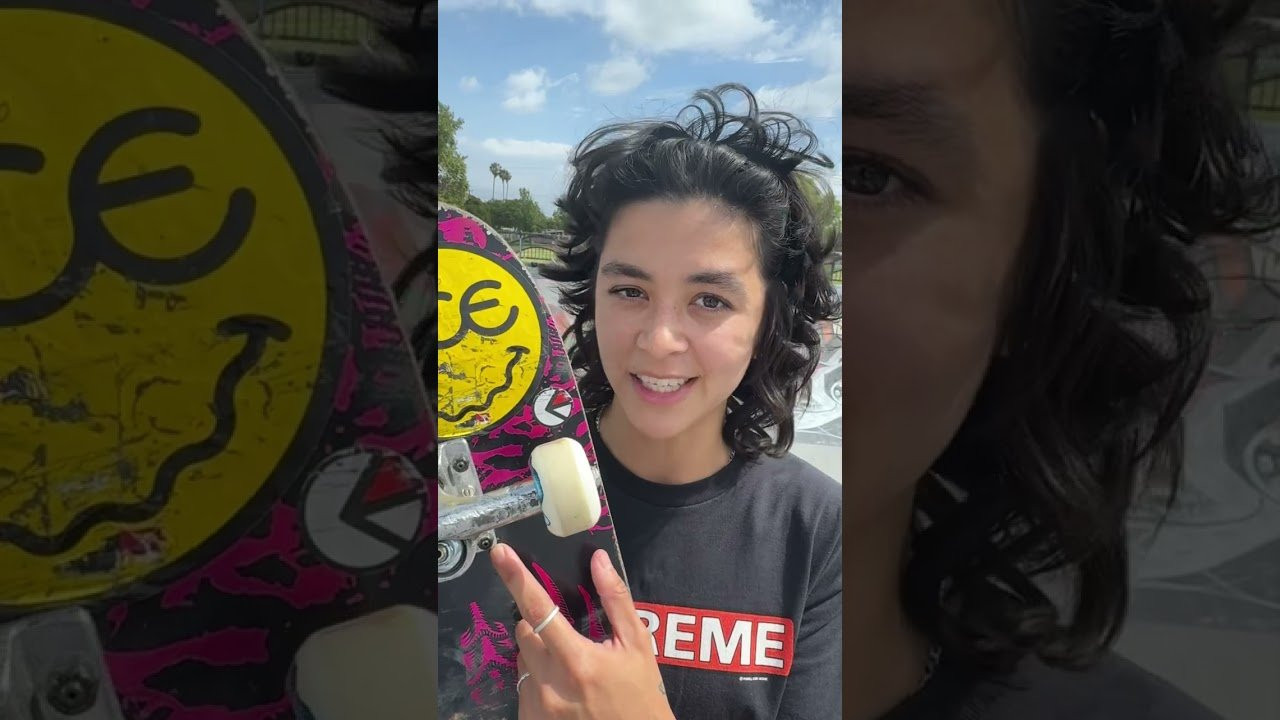 @christiana.means.sk8 at Fullerton Skatepark with the Pink Foil FLIGHT Deck 🛹<br />8” x 31.45”<br />14” Wheelbase<br />K26 Concave<br />https://www.skateone.com/powell-peralta-skeleton-foil-pink-flightr-skateboard-deck-8-k26