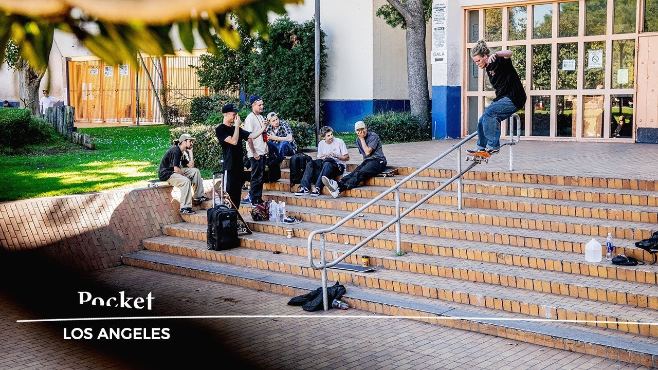 1. 0:21 Zentgraf, Mueller, Schaible: <br />2. 2:16 Bonez, Farid, Denny, Ledermann: <br />3. 5:39 Justin & Jost <br /><br />Pocket: Los Angeles is our first video. We took a bunch of very talented skateboarders to the City of Angels to let them do what they love. It’s uncertain if we spent more time in our van or at spots but for sure the squad was out all day, every day, even at night. <br />Three weeks with a lot of 4/20 resulted in 8/20 minutes of pure joy. <br />We hope you like it!<br /><br />A Video by Dennis Ludwig<br />Featuring: Patrick Zentgraf, Maxi Schaible, Erik Müller, Joscha Aicher, Denny Pham, Farid Ulrich, Daniel Ledermann, Jost Arens & Justin Sommer. <br /><br />Still Photography: Florian Hopfensperger<br />Analog Sideshots: Joscha "Bonez" Aicher<br />Thumbnail Photo: Justin Crawford<br /><br />Feel free to subscribe to our channel and follow us on Social Media:<br />http://www.facebook.com/pocketskatemag<br />http://www.instagram.com/pocketskatemag <br /><br />Our Website:<br />http://www.pocketskatemag.com