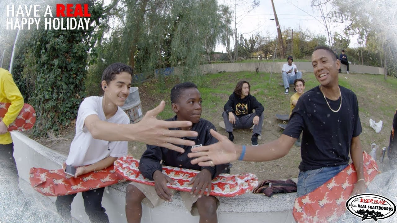 Ishod Wair, Jack Olson, Tanner Van Vark and Jake Donnelly spread the Holiday cheer to the locals at El Sereno Park. <br /><br />From everyone at REAL, have a Happy Holiday!<br /><br />http://http.www.realskateboards.com