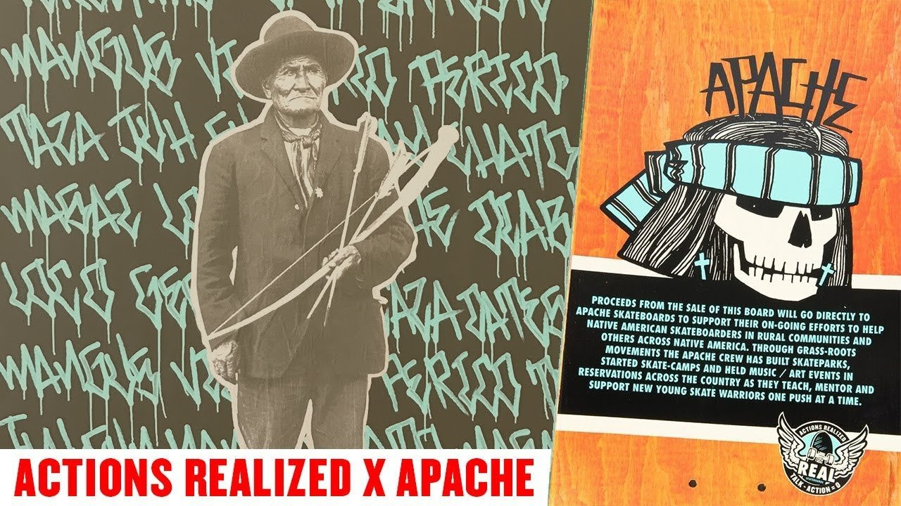 "Douglas Miles and his son Doug Jr. along with the Apache Skate Crew have been holdin it down in the desert on the San Carlos Reservation for years. Doug's art has been a vehicle for the crew to travel and spread the gospel - skateboarding - from tribe to tribe. This is just a drop in the tank to keep the crew going... To keep fighting the good fight. Honored to have his art on a REAL board." <br />- Tommy Guerrero<br /><br />The Apache x Actions REALized board is now available at skateshops, learn more at https://actionsrealized.com.