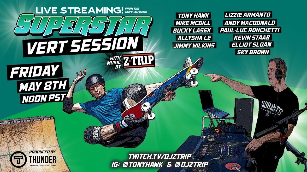 We are doing this for free but thankful for any support you can give. All tips/proceeds will be split among the skaters and Z-Trip. You can support them here:<br />https://venmo.com/Tony-Hawkinc <br />https://www.paypal.me/tonyhawkinc <br />https://cash.app/$tonyhawkinc<br /><br />Featuring: Tony Hawk, music by Z-Trip on the deck of the ramp, and a Superstar line-up of vert skaters including: Jimmy Wilkins, Mike McGill, Bucky Lasek, Allysha Le, Elliot Sloan, Lizzie Armanto, Andy Macdonald, Paul-Luc Ronchetti, Sky Brown and Kevin Staab. Friday, May 8th, 2020 from Tony Hawk’s infamous HuckJam Ramp. Produced by Thunder. <br /><br />Ride Channel brings you original content every week featuring top shows such as Shoe Review, Free Lunch, Spencer Nuzzi Basics as well as exclusive interviews, events, contests, parts, premieres, and a whole lot more at: http://theridechannel.com/<br /> <br /> SUBSCRIBE to RIDE: http://bit.ly/HZ9Dau<br /> Like RIDE on FACEBOOK: http://facebook.com/ridechannel<br /> Follow RIDE on INSTAGRAM: http://instagram.com/ridechannel<br /> Follow RIDE on TWITTER: http://twitter.com/ridechannel<br /> Check out the RIDE WEBSITE: http://theridechannel.com/