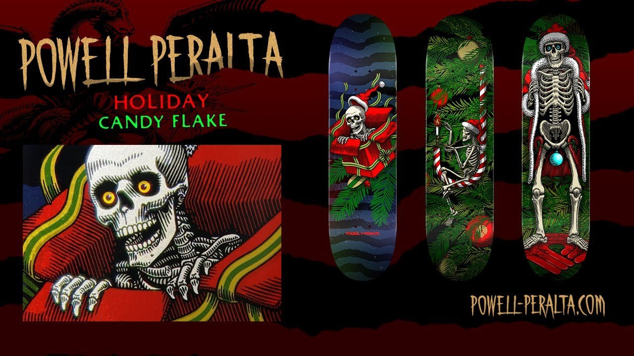 Now Available at <br />https://powell-peralta.com/skateboard-decks<br /><br />The 2022 Powell Peralta Holiday Deck series features a custom candy flake effect that resembles the pearlescent, metallic shimmer of automotive paint.<br />NEW Powell Peralta popsicles<br /><br />Our NEW Powell Peralta popsicles are made in our Skate One China factory using Skate One AirLam® presses, and the same maple and glue to match our engineering specifications. These new decks have assorted color stained top veneers along with a red center ply. They’re light, thin, have excellent torsional rigidity, and crisp pop.<br /><br />Great for beginners to pro level skating at an awesome price. Works well in the streets, skateparks, pools, freestyle, bombing hills or just pushing to the store.<br /><br />Premium quality, 7 ply hard-rock maple, made right.