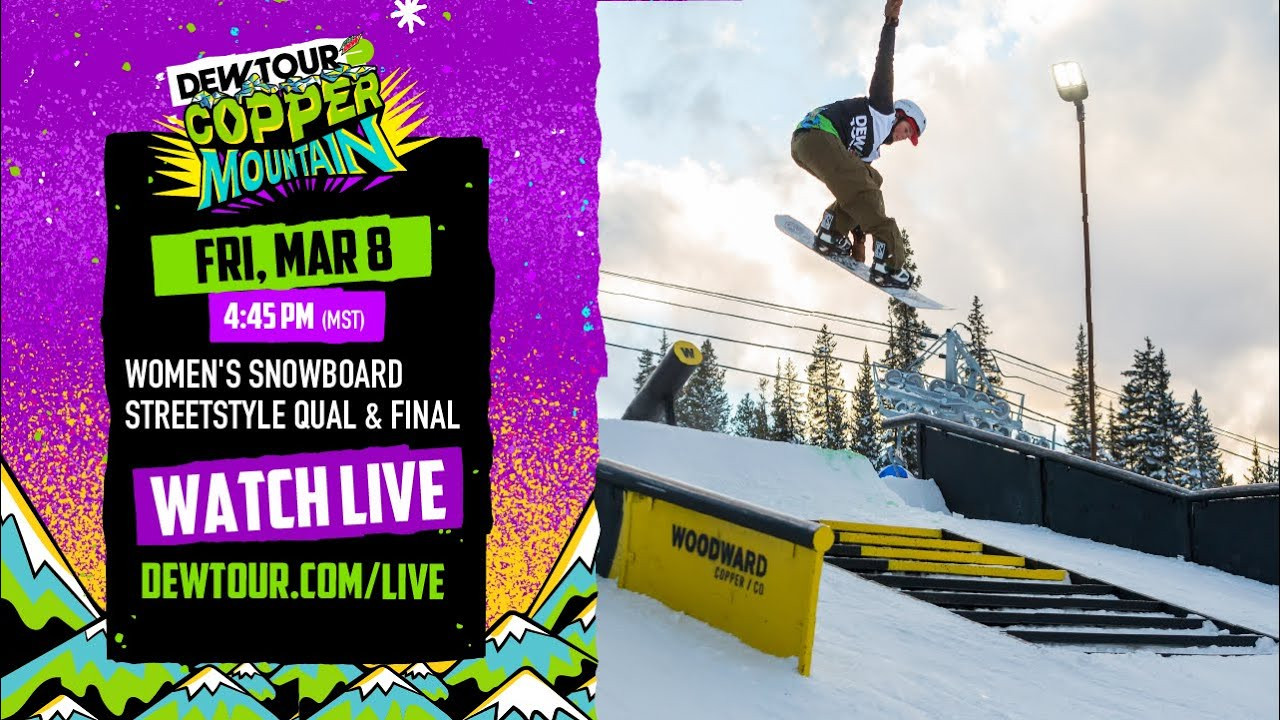 Watch the Winter Dew Tour 2024 live broadcast from Copper Mountain in Summit County, Colorado. Starting the first evening off at Dew Tour are women snowboarders taking on the streetstyle course. Confirmed competitors include returning back-to-back champion Lex Hernandez-Roland, Jill Perkins, Madison Blackley, Iris Pham, Egan Wint, and more. Stay tuned all weekend for more snowboarding competitions coming from Dew Tour Copper 2024. #dewtour <br /><br />3/8/24 Schedule: (all times in MT)<br />4:30 PM – 6:45 PM Women’s Snowboard Streetstyle Qualifier and Final<br /><br />---<br />For the latest from Snowboarder Magazine check out:<br /> https://www.snowboarder.com/<br /> Facebook - https://sbdr.co/Facebook<br /> Instagram - https://sbdr.co/Instagram<br /> Twitter - https://sbdr.co/Twitter<br /> YouTube - https://sbdr.co/YouTube