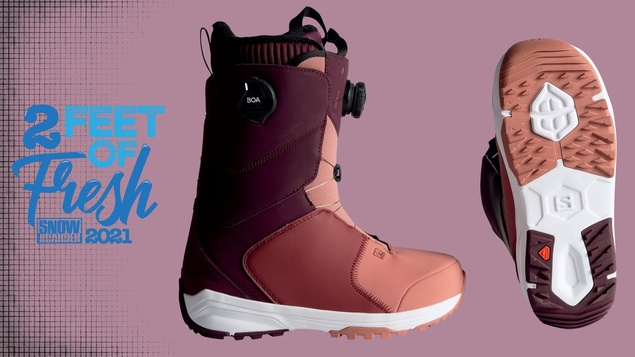 For 2021, it is clear that the boot and binding makers in snowboarding have collectively put their best foot forward by putting the experience of your feet at the forefront of their dedicated designs. Comfort, customization, and control are paramount in this selection of our favorite new bindings and boots, and after a week at Mount Hood putting each piece of gear through the paces at Timberline Resort, we can confidently say that each brand’s meticulous technology and features work together cohesively in pursuit of the best carving experience possible. Staying connected to your board is about much more than tightening a few screws—quick response and long-lasting comfort come down to the cohesiveness of your boot, bindings, and board. So, check out the 2021 edition of SNOWBOARDER’s Two Feet of Fresh and perhaps you will find the boots and bindings that will give your season a leg up, even when you’re going downhill. <br /><br />Tech Highlights:<br />- Fit To Ride Construction<br />- Full Custom Fit<br />- Damplite+ Outsole<br /><br />MSRP: $350<br />Website: www.salomon.com/snowboard<br /><br />Salomon says:<br />The Kiana is our latest addition and the first women's addition to our Fit To Ride line.<br /><br />SNOWBOARDER says:<br />When it comes to keeping their feet warm, dry, and comfortable all-winter long, female impresarios Nirvana Ortanez and Maddie Mastro trust the Salomon Kiana Focus BOA. A pair of boots can make or break your snowboarding experience and Salomon has imbued quality tech and comfortable features into the Kiana in order to make sure your feet never make you call it when you want to stay out. The Kiana is Salomon’s first women’s-specific addition to the Fit To Ride line, which means this pair of boots is 10% lighter and more compact, is comfy right out of the box, and has loads of durability. Dual-zone BOA closures allow you to dial in the perfect fit and easily make adjustments on-the-go, while a 3D-molded tongue provides a consistent flex and securely wraps your foot. The Kiana Focus BOA also features Salomon’s Full Custom Fit with heat-moldable, multi-density Ultralon foam liners and Ortholite C2 dual density footbeds, so the only dogs that will be barking after a long day in the mountains will be your favorite pups when you get back home to see them. The Damplite+ Outsole is a mix of Contagrip rubber and ultra-dampening EVA foam for added traction, impact reduction on landings, and enhanced boardfeel. All in all, if you’re looking for a pair of boots that will perform on hill without sacrificing comfort, the Salomon Kiana Focus BOA is a perfect choice for winter wear.<br /><br />For the latest from Snowboarder Magazine check out:<br /> https://www.snowboarder.com/<br /> Facebook - https://sbdr.co/Facebook<br /> Instagram - https://sbdr.co/Instagram<br /> Twitter - https://sbdr.co/Twitter<br /> YouTube - https://sbdr.co/YouTube