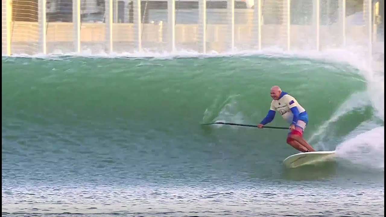 Legendary surfer Ian Cairns SUP surfs man-made perfection at the Kelly Slater Wave Company