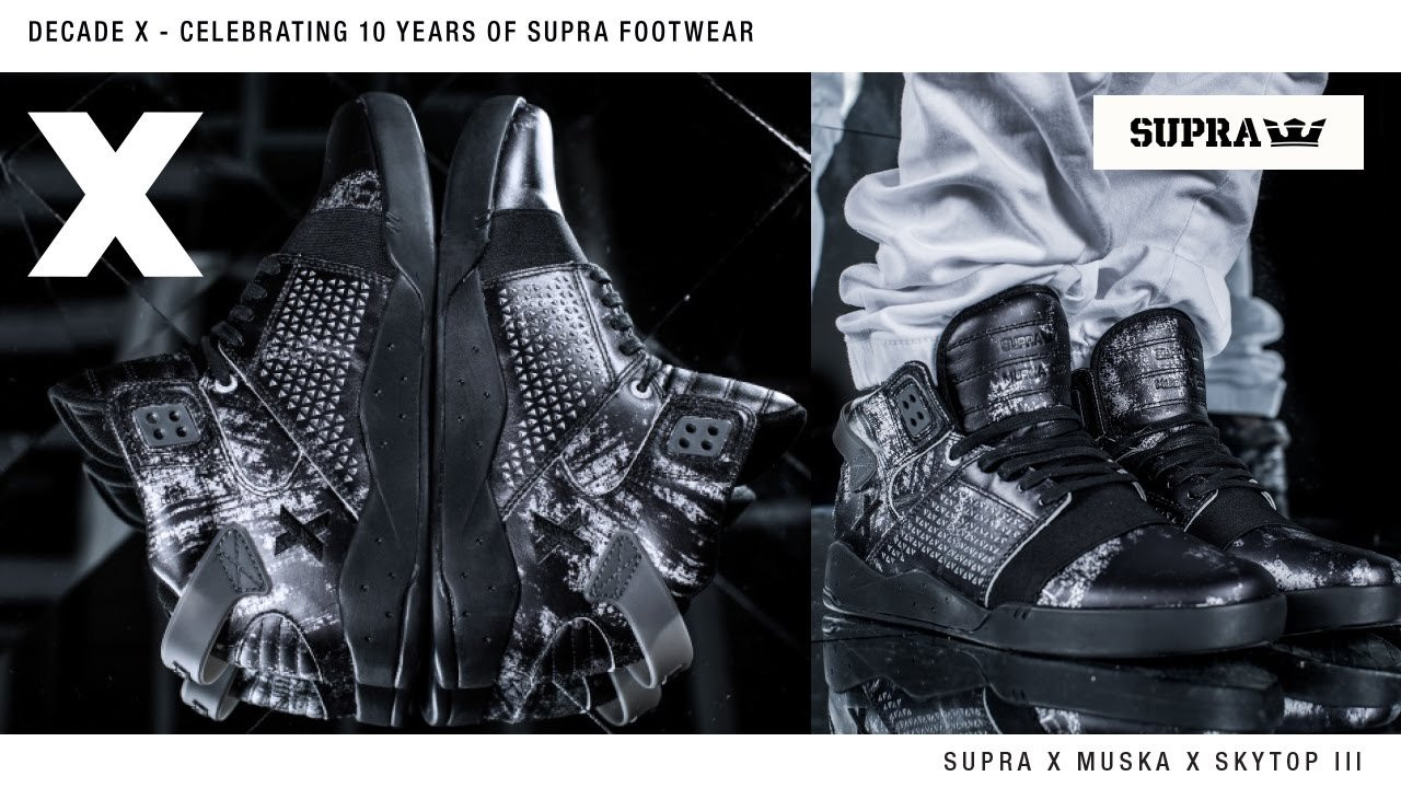 SUPRA is pleased to continue celebrating its 10th year anniversary with the release of Decade x Reflection Skytop III, the third installment of the series.<br />“I felt that when reaching a milestone in life you often re ect on the past to help decide where you are going next,” said Chad Muska, a founding member of the SUPRA team and co-creator of the Skytop series. “So that is why I chose re ections as the theme for the Skytop III.”<br />For the Decade Series, Muska designed a limited edition colorway of each of his four Skytop models from the original vulcanized Skytop 001 to the futuristic Skytop IV. For the Skytop III, Muska chose the theme of “Re ections,” and incorporated literal and gurative elements of that concept into the design.<br />“I work with a glass-like resin in a lot of my art,” Muska said. ”It re ects its surroundings much like a mirror, so I wanted to somehow use that sort of idea with this shoe. We achieved the re ection by using a 3M light re ecting material, then painted over top of it with distressed black paint, which allows cracks of the re ective material to break through. I wanted to signify the idea of shining through the darkness and re ecting light.”<br />Composed of silver foiled leather, the upper of the Skytop III has been covered with black distressed paint to compliment the re ective theme and rugged athletic construction of the shoe. A black SUPRAFOAM midsole, elastic vamp band, at waxed laces, and a custom embroidered Decade “X” at the quarter augment the bellicose look of the shoe while silver and opaque hardware elements add to the re ective theme. A translucent ice outsole reveals an underlying “Forever” print within the sole construction while a “Forever” sock liner ensures optimal internal comfort.<br />The Decade x Reflections Skytop III arrives to better footwear retailers soon. To learn more about the Decade Series, please visit suprafootwear.com <br />Shop here: https://www.suprashoes.com/