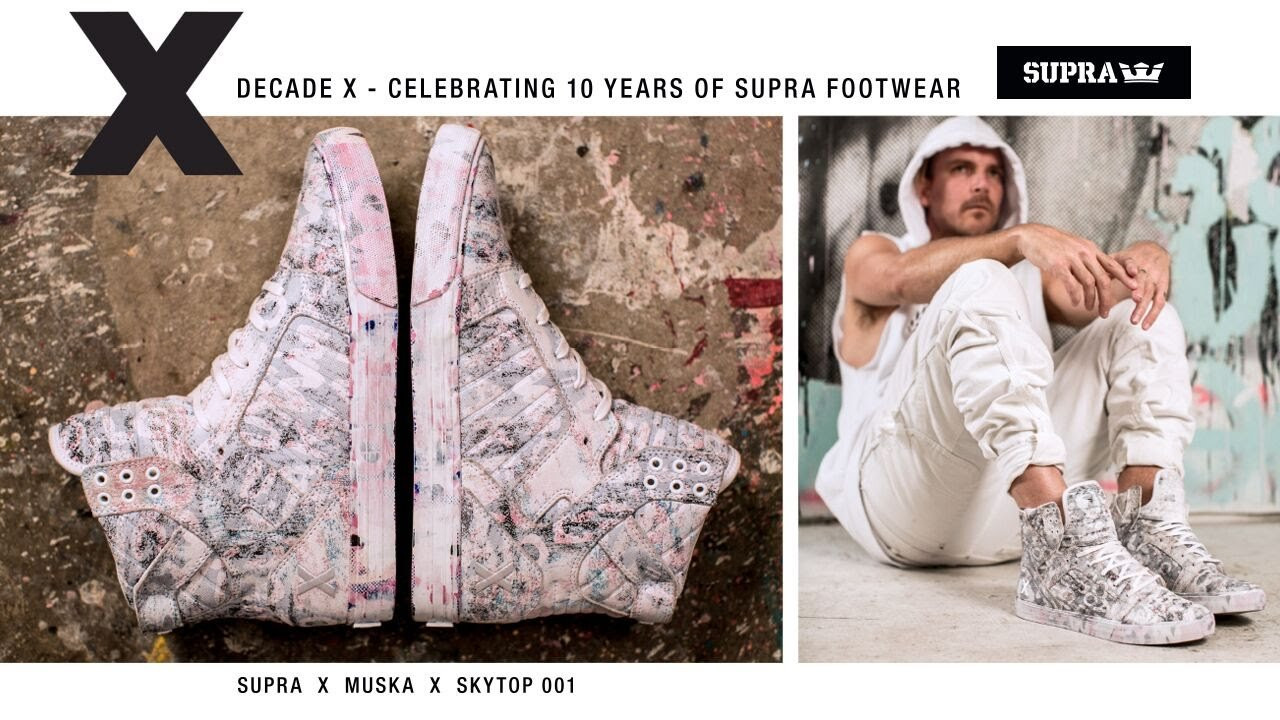Celebrating our 10 year anniversary with Chad Muska's limited edition Skytop Series.<br /><br />“I think doing anything positive consecutively for 10 years is worth celebrating, especially in business,” said Chad Muska, professional<br />skateboarder and co-creator of the Skytop. “So we decided to do a few special edition products to celebrate this milestone. Seeing as the<br />Skytop franchise is an iconic piece of Supra’s history, we decided to create a special shoe in all the current models from the 001 up to the IV.”<br />The Decade Series will include one execution of each of Muska’s four Skytop silhouettes in a different limited colorway inspired by elements<br />of Muska’s artwork and creative process with a focus on several key themes. The first release, “Layers,” features the original Skytop in a white<br />printed leather execution with distressed colored accents which mimic a piece of Muska’s creative space that has been a constant throughout<br />the last 10 years.<br />“The idea for layers comes from a wall in my studio where I have been painting for years,” said Muska. “I paint on it awhile then it’s painted<br />white over top of the colorful layers to reflect the continuous buffing and painting that occurs on our walls in the streets and studio through<br />time, which I felt was a good representation for this collection and for SUPRA. As we progress, we’re constantly changing, but the first<br />designs and advertisements will always remain and be a part of whatever we do next.”<br />The Decade X Layers Skytop is constructed atop a vibrant pink sole with painted accents and matching foxing tape. The colorful sole and<br />the cushioned EVA footbed have are marked with “Forever,” another detail from Muska’s garage wall painting while the quarter bears a tonal,<br />stitched “X” as a nod to SUPRA’s 10th year.<br />The Layers Skytop arrives to better footwear retailers starting August. To learn more, please visit suprafootwear.com.