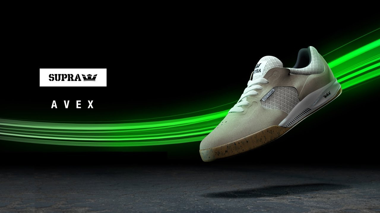 Now arriving to better skate shops worldwide is our new Avex team model. Blending modern technical performance features with classic skate style, the Avex boasts an innovative design in an ultra lightweight, breathable construction. <br /><br />Composed of three main pieces, the Avex offers lightweight comfort and support designed from the ground up. We took cues from our Owen and Hammer Run models and created a new beveled SUPRAFOAM midsole, which absorbs impact without sacrificing traction or board feel. Serrated edging and ridged accents prevent compression wrinkles while a dual density insole—now standard throughout the Crown line—supplies additional padding. <br /><br />The Avex’s upper is comprised of an internal mesh bootie and an asymmetric, hot melt cage. The hot melt process uses heat to fuse reinforcements to the suede and ensures necessary support at high wear areas without adding extra weight. Diamond mesh supplies ventilated padding as a gusseted tongue allows for easy access to the Avex’s comfortable interior. <br /><br />The Avex makes its debut in a white suede and mesh colorway set atop a speckled gum outsole and white SUPRAFOAM midsole. For more information or to find a retailer near you, please visit http://www.supraskateboarding.com.<br /><br />SITE: http://www.suprafootwear.com/skateboarding<br />FACEBOOK: http://www.facebook.com/suprafootwear<br />TWITTER: http://www.twitter.com/suprafootwear<br />INSTAGRAM: http://instagram.com/suprafootwear<br />PINTEREST: http://www.pinterest.com/suprafootwear<br />TUMBLR: http://www.suprafootwear.tumblr.com/<br />VIMEO: http://www.vimeo.com/suprafootwear