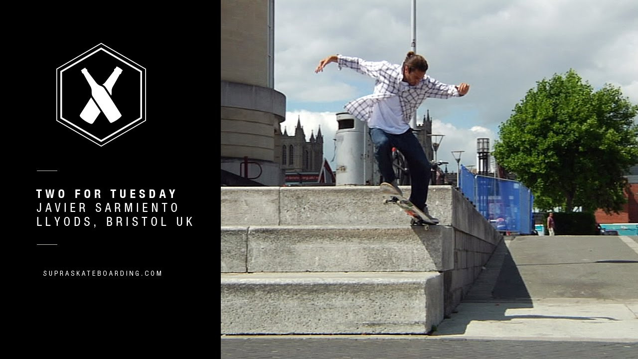 www.SupraSkateboarding.com<br /><br />Bristol has a great history with skateboarding and great spots to go along with it. If your ever there be sure to check out Lloyds and get some tricks off the ledge. Javier Sarmiento did just that with this nice line a backed it up with a Sw Kg Fakie Flip out.<br /><br />Two For Tuesday is our new weekly feature dropping every Tuesday on SupraSkateboarding.com and Instagram. It will consist of one trick two angles, one angle regular speed and a slo-mo, or just two tricks.<br /><br />@SupraSkateboarding<br /><br />Video:<br />Dennis Martin<br />@dirtyklips<br />Alan Hannon<br />@alan916