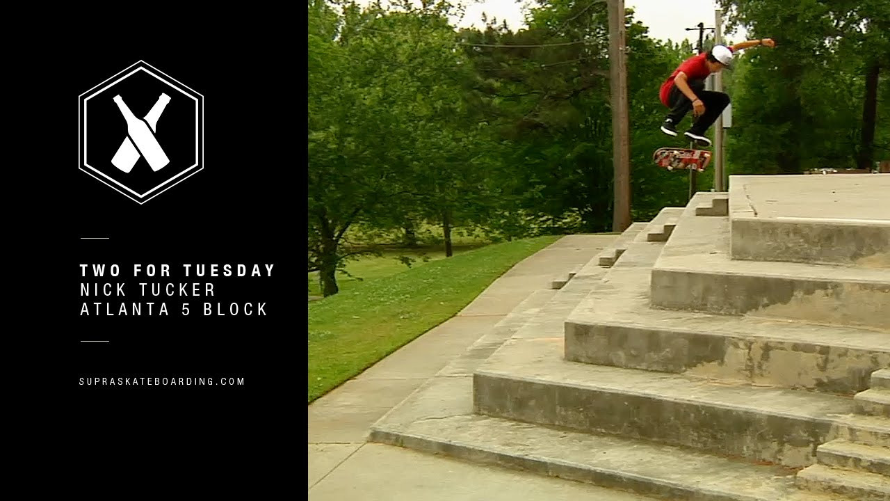 www.SupraSkateboarding.com<br /><br />Nick Tucker with a massive Sw Heel at the Atlanta 5 Block on his first trip with us during the Three Amigos Tour. Enjoy!<br /><br />Two For Tuesday is our new weekly feature dropping every Tuesday on SupraSkateboarding.com and Instagram. It will consist of one trick two angles, one angle regular speed and a slo-mo, or just two tricks.<br /><br />@SupraSkateboarding<br /><br />Video:<br />Shane Darnell<br />@darnshane<br />Dennis Martin<br />@dirtyklips