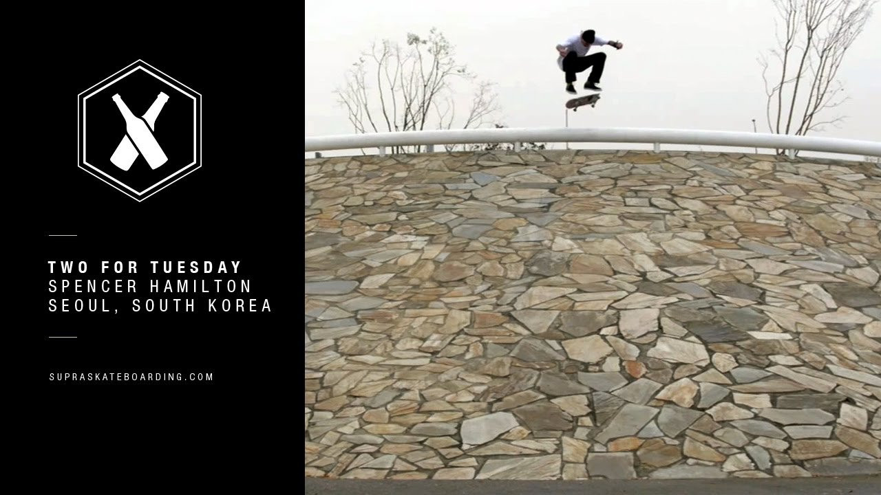 www.SupraSkateboarding.com<br /><br />Skating in South Korea is so good! Spencer suggests you take a trip out there when you can.<br /><br />Two For Tuesday is our new weekly feature dropping every Tuesday on SupraSkateboarding.com and Instagram. It will consist of one trick two angles, one angle regular speed and a slo-mo, or just two tricks.<br /><br />@SupraSkateboarding<br /><br />Video:<br />Alan Hannon<br />@alan916