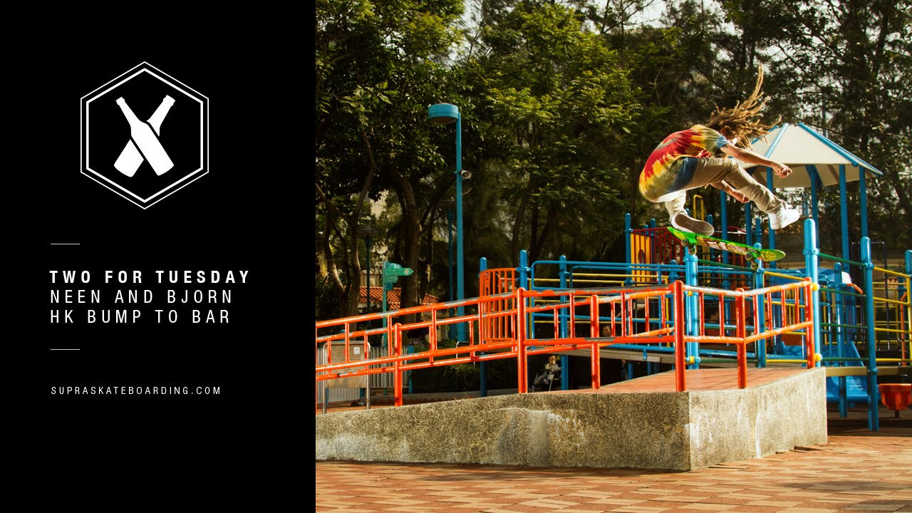 www.SupraSkateboarding.com<br /><br />Bump to bars have been skated for years and almost every city in the world has one. But all of them will get skated very differently<br />depending on the skater. Here we have Neen with his signature Heel Flip and Bjorn with a solid Fs Flip over this nice looking Bump to Bar in Hong Kong.<br /><br /><br />Two For Tuesday is our new weekly feature dropping every Tuesday on SupraSkateboarding.com and Instagram. It will consist of one trick two angles, one angle regular speed and a slo-mo, or just two tricks.<br /><br />@SupraSkateboarding<br /><br />Video:<br />Alan Hannon<br />@alan916