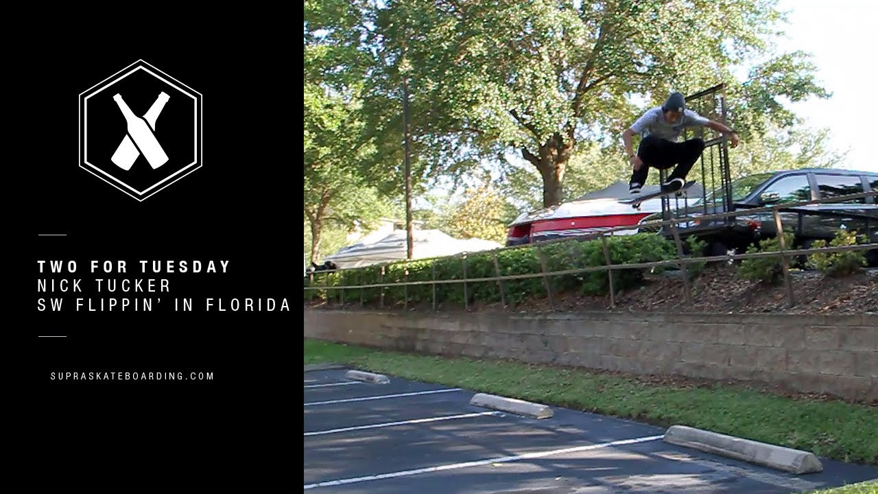www.SupraSkateboarding.com<br /><br />Nick Tucker drops a hefty Sw Flip out in Gainsville, FL while we were on our Three Amigos Tour in 2012<br /><br />Two For Tuesday is our new weekly feature dropping every Tuesday on SupraSkateboarding.com and Instagram. It will consist of one trick two angles, one angle regular speed and a slo-mo, or just two tricks.<br /><br />@SupraSkateboarding<br /><br />Video: <br />Shane Darnell<br />@darnshane<br />Dennis Martin<br />@Dirtyklips<br /><br /><br />www.supraskateboarding.com