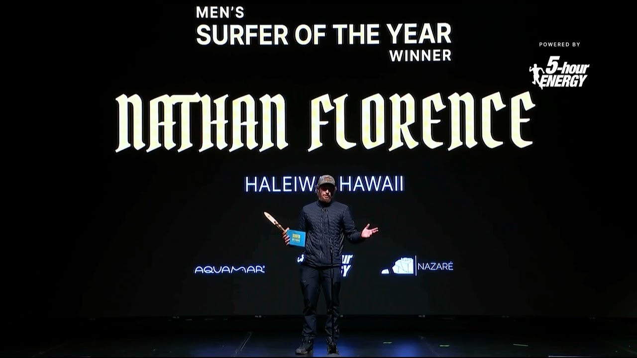 While the Big Wave Challenge primarily awards single big-wave rides, the most prestigious award of the night is reserved for the rare surfer able to produce multiple "best" rides at different spots around the world. As we know from his multiple nominations (include Best Wipeout and Ride of the Year) as well as the onslaught of big-wave heroics on his @NathanFlorence YT channel, no one is more deserving of the win that NATHAN FLORENCE. Here he accepts his award.<br /><br />Thanks to @5hourenergyshot for making this event possible. <br /><br />Click SUBSCRIBE for all the latest from the world of surf.