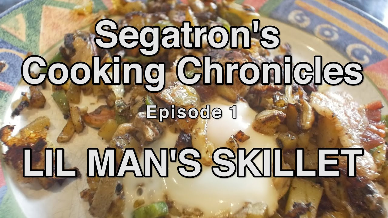 Lil Man's Skillet<br />Prep / cook time 15-20 minutes<br />(You can change any of this)<br />2 small potatoes (Lil Golden ones)<br />Half an onion<br />Half a jalepeno pepper<br />3 mushrooms<br />One slice of thick cut bacon<br />1 clove of Garlic<br />Cayenne powder <br />Chili Powder<br />Lemon Pepper<br />Olive Oil<br /><br />Heat the bacon by itself, or prepare it however you like. Heat up the olive oil with the spices for a few seconds, throw the potatoes in. <br />When they start to brown a little bit, throw the onions and garlic in.<br />As everything starts to cook down add the Jalapeno and mushrooms.<br />Make a hole for the egg with the sauteed veggies.<br />Drop the egg in the hole *Be careful or you will end up with scrambled eggs, which ain't bad, just not what we are going for.<br />Cover the pot with a lid that fits over the entire skillet, air tight.<br />Poach the egg on medium low for 4-6 minutes depending on how poached or runny you want your egg. <br />Eat it before it gets too cooked! <br /><br />This is my first vlog so please let me know what you think! What do you want to see next? Don't worry there are more skate videos coming!