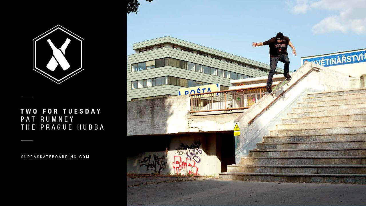 This week Pat Rumney gives us this Krooked Grind down this Virgin Hubba we ran across while in Prague. Muska spent 20 min grinding it down with a brick to smoothen it out just to make it even possible to grind. After that and a shit load of wax Pat nailed this Krooks in a few tries.<br /><br />Two For Tuesday is our new weekly feature dropping every Tuesday on Suprafootwear.com and Instagram. It will consist of one trick two angles, one angle regular speed and a slo-mo, or just two tricks.<br /><br />Video: Alan Hannon<br />@alanhannon916<br /><br />Follow @SupraSkateboarding<br /><br />SITE: http://www.supraskateboarding.com<br />FACEBOOK: http://www.facebook.com/supraskateboarding<br />TWITTER: http://www.twitter.com/supraskateboard<br />INSTAGRAM: http://instagram.com/supraskateboarding<br />PINTEREST: http://www.pinterest.com/suprafootwear<br />TUMBLR: http://www.suprafootwear.tumblr.com/<br />VIMEO: http://www.vimeo.com/suprafootwear