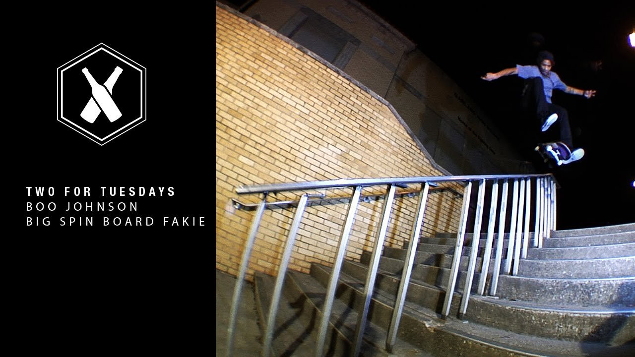 Boo Johnson is getting a lot of coverage lately so let us add this to list. This weeks Two For Tuesday is a Big Spin Board Fakie from Boo Johnson in Garland, TX on the 2011 Three Amigos Tour.<br />@SupraSkateboarding <br /><br />Two For Tuesday is our new weekly feature dropping every Tuesday on SupraSkateboarding.com and Instagram. It will consist of one trick two angles, one angle regular speed and a slomo, or just two tricks.<br />Video By:<br />Dennis Martin<br />Shane Darnell<br /><br />Follow @SupraSkateboarding