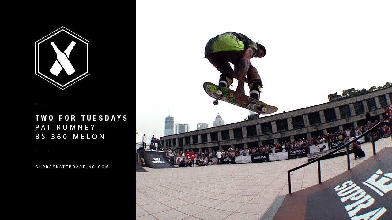 Two For Tuesday is our new weekly feature dropping every Tuesday on Suprafootwear.com and Instagram. It will consist of one trick two angles, one angle regular speed and a slomo, or just two tricks.<br /><br />The first one goes out to this Bs 360 Melon of Pat Rumney from Taipei Taiwan.<br /><br /><br />SITE: http://www.suprafootwear.com<br />FACEBOOK: http://www.facebook.com/suprafootwear<br />TWITTER: http://www.twitter.com/suprafootwear<br />INSTAGRAM: http://instagram.com/suprafootwear<br />PINTEREST: http://www.pinterest.com/suprafootwear<br />TUMBLR: http://www.suprafootwear.tumblr.com/<br />VIMEO: http://www.vimeo.com/suprafootwear