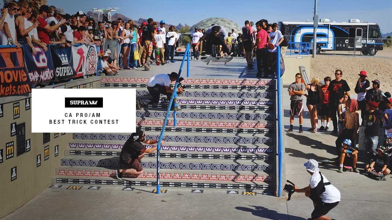This past weekend, the first annual CA Pro-Am contest took place at the new skatepark in Lake Havasu, AZ. SUPRA hosted a best trick contest on the huge 14 stair and handrail, which saw a barrage of gnarly tricks go down. Jaws ended up taking first place honors with a BS noseblunt with Cameo Wilson coming in a close second with a kickflip BS lipslide. Here are the highlights from the contest. You can be the judge on this one. <br /><br />SITE: http://www.suprafootwear.com<br />FACEBOOK: http://www.facebook.com/suprafootwear<br />TWITTER: http://www.twitter.com/suprafootwear<br />INSTAGRAM: http://instagram.com/suprafootwear<br />PINTEREST: http://www.pinterest.com/suprafootwear<br />TUMBLR: http://www.suprafootwear.tumblr.com/<br />VIMEO: http://www.vimeo.com/suprafootwear