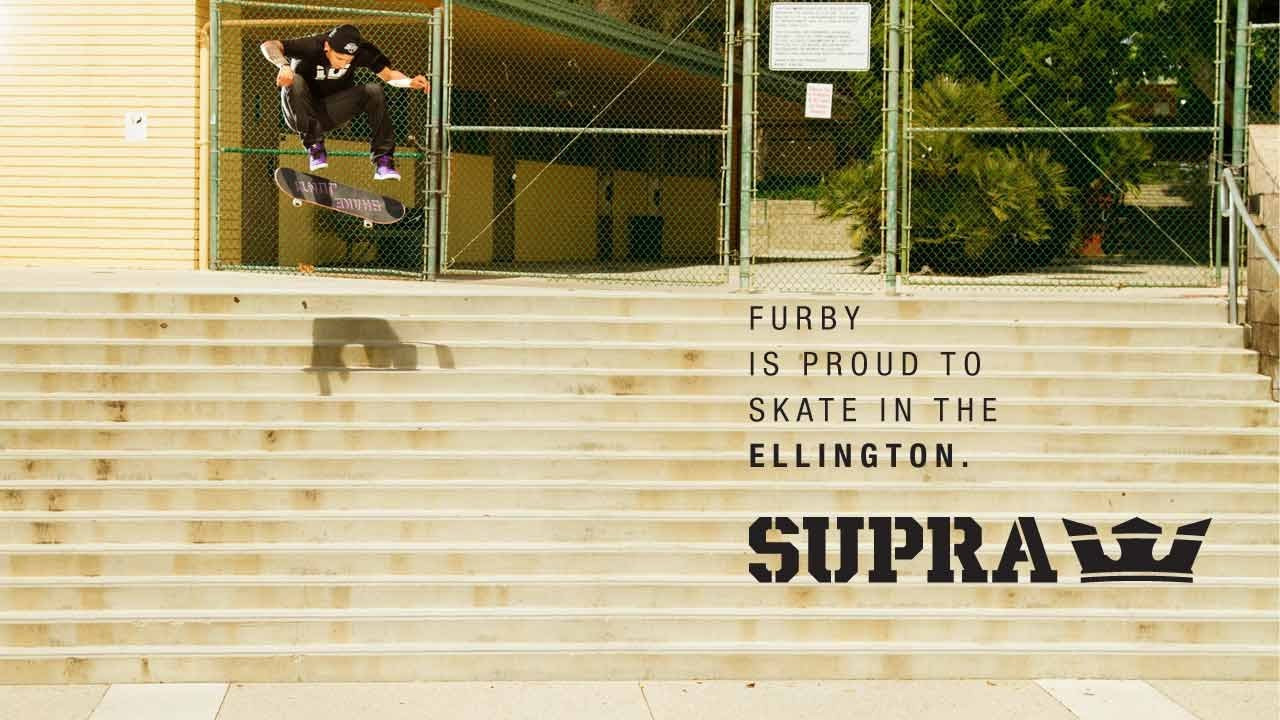 Watch Furby make a half cab flip down a 13-stair look like he's going off a curb. Furby's choice of footwear is the new high performance, mid top Ellington in purple suede and black waxed suede with gold accents, black/gold rope laces, padded purple mesh lining, and it's constructed atop a black SUPRAFOAM midsole that provides the comfort and impact protection SUPRA team riders like Furby demand from their footwear. The black cup sole, with white sidewalls, employs a dual tread that combines herring bone and SUPRA tread for superior traction. <br /><br />The Ellington is available at better skate retailers and suprafootwear.com.<br /><br />http://www.suprafootwear.com/shop/category/ELLINGTON<br /><br />SITE: http://www.suprafootwear.com<br />FACEBOOK: http://www.facebook.com/suprafootwear<br />TWITTER: http://www.twitter.com/suprafootwear<br />INSTAGRAM: http://instagram.com/suprafootwear<br />PINTEREST: http://www.pinterest.com/suprafootwear<br />TUMBLR: http://www.suprafootwear.tumblr.com/<br />VIMEO: http://www.vimeo.com/suprafootwear