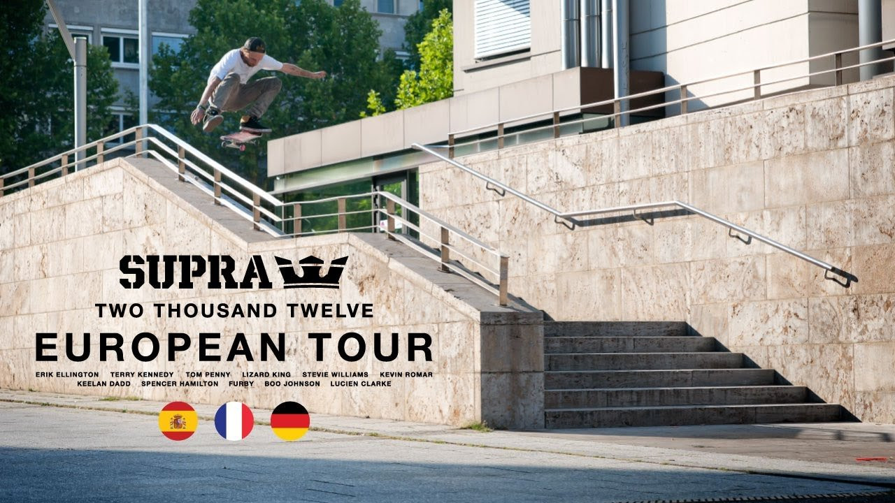 The annual SUPRA European Tour took place in Spain, France, and Germany during the last two weeks of July earlier this year and featured Erik Ellington, Terry Kennedy, Tom Penny, Lizard King, Stevie Williams, Kevin Romar, Keelan Dadd, Spencer Hamilton, Furby, and Boo Johnson. The team stormed through a dozen European cities including Madrid, Toulouse, Stuttgart, and Munich. They traveled by planes, trains, the autobahn, razor scooters, even a helicopter and laid to waste all the spots put before them. See it all here in the tour video, and don't miss the tour stories in the latest Kingpin Magazine and the December TransWorld Skateboarding, as well as bonus coverage at twskate.com. <br /><br />Directed By: Dennis Martin<br />Videography By: Alan Hannon, Dennis Martin<br />Edited By: Alan Hannon<br /><br />SITE: http://www.suprafootwear.com<br />FACEBOOK: http://www.facebook.com/suprafootwear<br />TWITTER: http://www.twitter.com/suprafootwear<br />INSTAGRAM: http://instagram.com/suprafootwear<br />PINTEREST: http://www.pinterest.com/suprafootwear<br />TUMBLR: http://www.suprafootwear.tumblr.com/<br />VIMEO: http://www.vimeo.com/suprafootwear