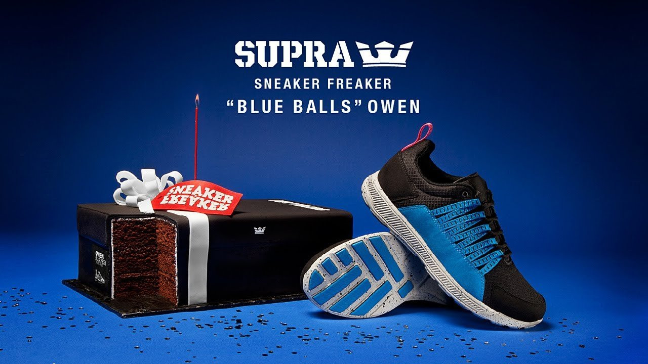In commemoration of the tenth anniversary of the world's premier sneaker culture magazine SUPRA has collaborated with Sneaker Freaker editor, Woody, to create the limited edition "Blue Balls" Owen. Woody not only designed this Owen style himself, he wrote the press release for it as well:<br /><br />"When we dropped our 'Golden Balls' Skytop III earlier this year," Woody wrote, "we felt a little bit guilty for making it one of those annoying 'friends and family' party releases. With pressure mounting for a rematch, we requested a little relief from the hand of SUPRA. The end result is our super bouncy Blue Balls! This time around we busted a nut on the lightweight Owen, combining brains, brawn, and beauty into one sweet ball breaker of a shoe. SUPRAFOAM shock absorption and a black diamond mesh upper with royal blue microfiber ensures the ride is limo quality, while the rope-a-dope lacing and speckled concrete SUPRAFOAM sole punches harder than Kojak's cojones. Tug on the plush pink heel pull and admire the unorthodox asymmetrical color blocking as you guide your foot deep inside this super snug package. Yep, once you've cupped our throbbing Blue Balls in your hands you simply won't be able to wipe the smile from your dial. Unlike our Golden Balls, these are no wet dream."<br /><br />The limited edition, Sneaker Freaker tenth anniversary, "Blue Balls" Owen is available on Saturday, December 15, at select SUPRA retailers worldwide (please see list below), and www.suprafootwear.com.<br /><br />LEXINGTON, KENTUCKY -- ONENESS<br />LAS VEGAS, NEVADA - FEATURE<br />BROOKLYN, NEW YORK -- KITH<br />TEANECK, NEW JERSEY -- PACKER'S<br />BOSTON, MASSACHUSETTS -- BODEGA<br />PHILADELPHIA, PENNSYLVANIA -- UBIQ<br />NEW YORK, NEW YORK -- WEST<br />DETROIT, MICHIGAN -- BURN RUBBER<br />LOS ANGELES, CALIFORNIA -- FACTORY 413<br />LONG BEACH, CALIFORNIA -- PROPER<br />COSTA MESA, CALIFORNIA -- BLENDS<br />LONDON, ENGLAND -- FOOT PATROL<br />ABERDEEN, SCOTLAND -- HANON SHOP<br />ROTTERDAM, NETHERLANDS -- WOEI<br />BERLIN, GERMANY -- SOLEBOX<br />COPENHAGEN, DENMARK -- REZET STORE<br />STOCKHOLM, SWEDEN -- SNEAKERSNSTUFF (SNS)<br />ZURICH, SWITZERLAND -- GRAND<br />MILAN, ITALY -- SPEZIAL<br />BARCELONA, SPAIN -- 24 KILATES<br />PARIS, FRANCE -- COLETTE<br />TOKYO, JAPAN -- ATMOS<br />TOKYO, JAPAN -- CHAPTER WORLD<br />PERTH, AUSTRALIA -- HIGHS AND LOWS (HAL)<br />BRISBANE, AUSTRALIA -- LACED<br />AUCKLAND, NEW ZEALAND -- LOADED<br />PARIS, FRANCE - SUPRA PARIS<br />NEW YORK, NEW YORK - SUPRA NYC<br /><br />SITE: http://www.suprafootwear.com<br />FACEBOOK: http://www.facebook.com/suprafootwear<br />TWITTER: http://www.twitter.com/suprafootwear<br />INSTAGRAM: http://instagram.com/suprafootwear<br />PINTEREST: http://www.pinterest.com/suprafootwear<br />TUMBLR: http://www.suprafootwear.tumblr.com/<br />VIMEO: http://www.vimeo.com/suprafootwear