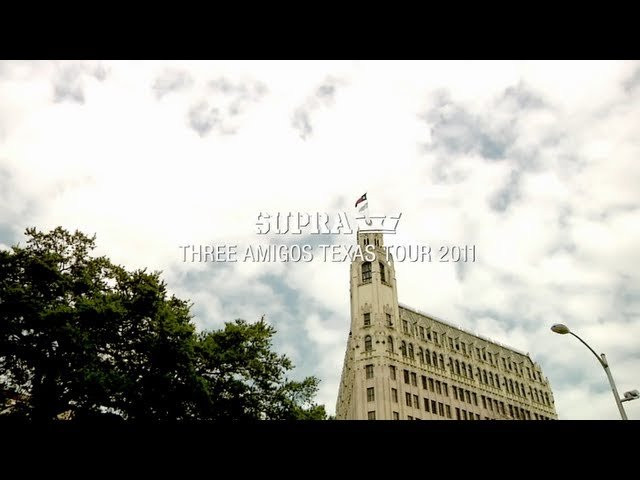 In March of 2011, SUPRA Team Riders Furby, Spencer Hamilton, Horsey, Boo Johnson, Keelan Dadd, JS Lapierre and Cody McEntire toured Texas in support of the Amigo, the newest team shoe from SUPRA. In addition to the tour, Furby, Spencer Hamilton and Horsey each created a signature color story inspired by their country of origin - hence the name "The Three Amigos". Each shoe features custom sock liner artwork and custom heel tabs and were produced in extremely limited numbers.<br /><br />Flimed on location in Texas.<br /><br />Director: Dennis Martin<br />Videography: Shane Darnell, Dennis Martin<br />Editing: Hamburger, Dennis Martin<br /><br />SITE: http://www.suprafootwear.com<br />FACEBOOK: http://www.facebook.com/suprafootwear<br />TWITTER: http://www.twitter.com/suprafootwear<br />INSTAGRAM: http://instagram.com/suprafootwear<br />PINTEREST: http://www.pinterest.com/suprafootwear<br />TUMBLR: http://www.suprafootwear.tumblr.com/<br />VIMEO: http://www.vimeo.com/suprafootwear