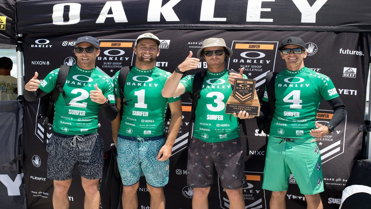 SURFER Magazine is excited to announce that one of the most consistent teams in Oakley Surf Shop Challenge history, Sunrise Surf Shop, has won the Southeast regional qualifier. The eleven-time winners have secured a spot to compete at the National Championship event in Nicaragua with their sights now set on claiming a sixth overall Shop Challenge title.<br /><br /><br />Competitors were greeted with peaky 2-4ft waves and beautiful sunny Florida skies at New Smyrna Beach Inlet for stop two of the Oakley Surf Shop Challenge. Out of eight teams who took to the water for qualifying, the squad representing Red Dog Surf Shop led the opening round with a combined score of 37.61. Defending Southeast champs Sunrise Surf Shop squeaked into the finals with a fourth-place seed behind the teams from Aqua East and Quiet Flight NSB.<br /><br />During the final heat, Sunrise Surf Shop displayed an ultra-consistent performance with no one on the team scoring a wave lower than a 6.67. Sitting comfortably on a total team tally of 37.27, a full 7.05 points ahead second place finishers Red Dog Surf Shop, their domination continued and they raised Southeast qualifier trophy for the eleventh time in Surf Shop Challenge history.<br /><br /><br />“This year was a little different,” said Sunrise Surf Shop’s Cody Thompson. “We squeaked through to get to the final so we had to figure things out and switch up our order. There was a lot of serious ripping this year so we had a more nerves than normal but were able to close it out in the final. We always really look forward to this event and we’re super stoked to be going back to Nicaragua to try and get some redemption this year!”<br /><br />Congratulations to Sunrise Surf Shop team members Tristan Thompson, Evan Thompson, Cody Thompson, Adam Harrel on taking their eleventh Southeast win.<br /><br />The Nixon Base Tide PRO-formance Award was presented to DJ Buchanan of Red Dog Surf Shop for his frontside full rotation air during the qualifying round.<br /><br /><br />New for 2019, the Nixon Base Tide PRO-formance Award is presented to the athlete who performs the most radical and progressive maneuver during competition at each event, as decided by the judging panel. Winners receive a custom 2019 Nixon Base Tide Pro watch and other Nixon accessories.<br /><br /><br />Special thanks to Oakley, SURFER and event partners Body Glove, Flexfit, Futures, Nixon, Mark & Dave’s, Merge 4, Reef, and Yeti for their support, without which the Surf Shop Challenge series would not be possible.<br /><br /><br />Up next is the Northwest regional qualifier at Steamer Lane in Santa Cruz, CA where Berdels will look to defend their 2018 regional qualifying win to renew their ticket to the Oakley Surf Shop Challenge National Championships at Mark & Dave’s in Nicaragua.