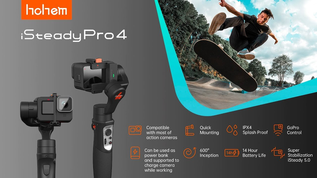 iSteady Pro 4 is resistant to water splashes from any direction.<br /><br />It is your good partner on a rainy or snowy day and allows you to do outdoor shooting without any limitation.<br /><br />iSteady Pro 4 has 14 hours long battery life, which accompanies you all day to build your dream shot.<br /><br />It also can be used as a power bank that supports action camera charging while shooting.<br /><br />Powerful brushless motor, three-axis motor, and new upgraded iSteady 5.0 anti-shake algorithm, which offers a new level of smooth result even during dynamic movements.<br /><br />iSteady Pro 4 is intuitively easy to use with its simple button design, and the pan/roll/tilt axes are all controllable.<br /><br />Simply tap the button to switch working mode, and the indicator will show the current mode clearly.<br /><br />Once you press the trigger button, it will activate the potential power of the motor, especially when you need to make a fast camera movement and the gimbal responds immediately to follow your activity.<br /><br />iSteady Pro 4 is compatible with GoPro Hero 10/9/8/7/6/5/4/3, DJI OSMO Action, Insta360 ONE R (4K & 1-Inch), and other action cameras of similar size.<br /><br />Create a dreamy rotation even over a full 360 degrees rotation.<br /><br />Set the track with a custom rotating angle in the app, record heavy traffic in cities or clouds in quick movements.<br /><br />Press and hold the trigger button to activate the potential power of the motor instantly and never lose a fast-moving subject.<br /><br />Pan motor, tilt motor, and roll motor are all available to follow along with axis rotating movement, which allows you to make a first-person point of view and unleash your creativity.<br /><br />The app of iSteady Pro 4 allows you to remote control the camera's shooting direction and also customize your favorable settings such as dead zone and other parameters to match your unique needs. <br /><br />Two 1/4 extension screw holes on the middle and bottom part of the gimbal handle, which allows you to add on extension rod, tripod, fill light, microphone, phone holder, and more.
